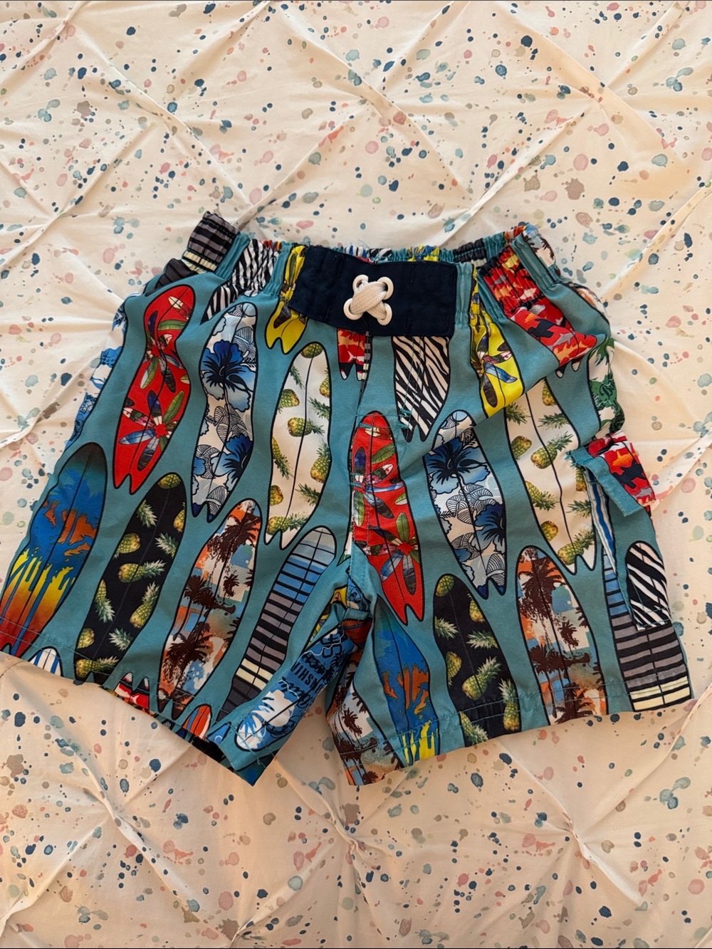 Kids Blue Surfboard Print Swim Shorts